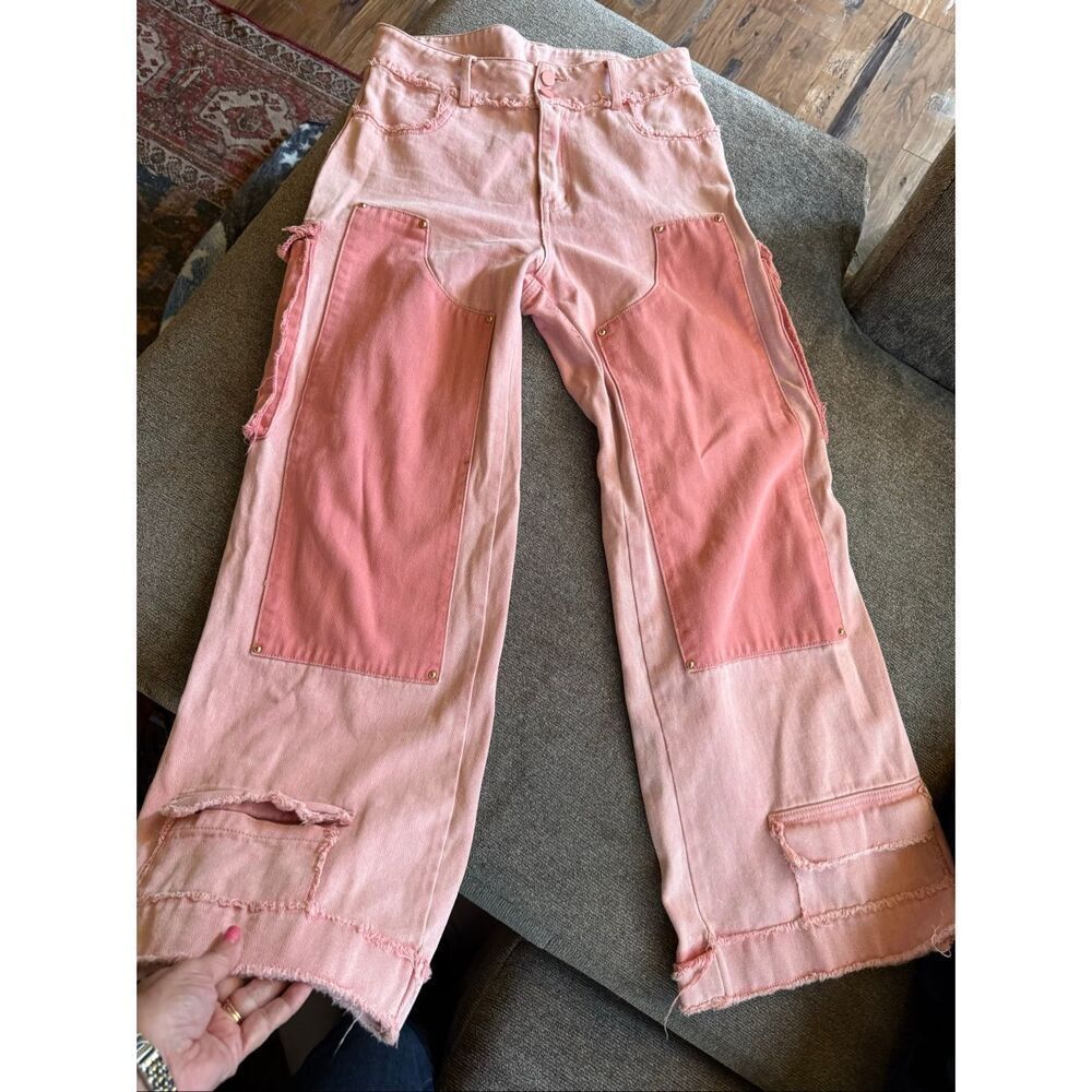 AKIRA Pink Two Tone Wide Leg Carpenter Jeans XL Y2K Barbiecore - Picture 4 of 11